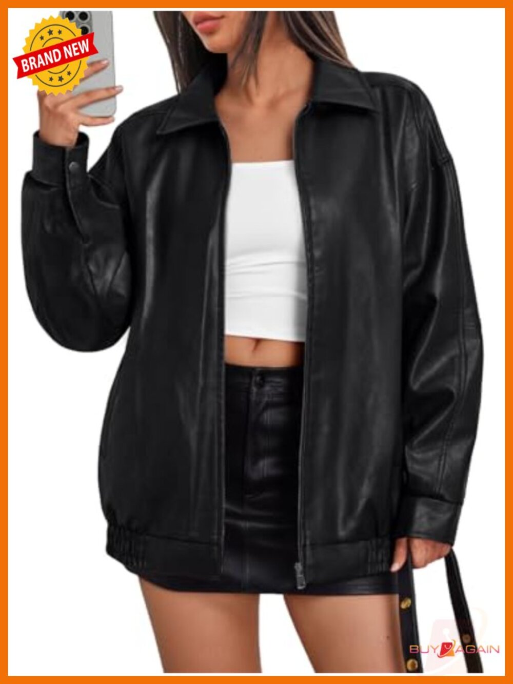Oversized Faux Leather Moto Bomber Jacket Vegan Leather Zip Up Women